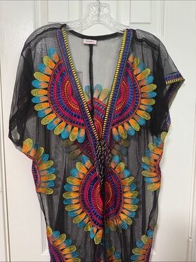 Sheer Black Tunic Kaftan with Multicolor Sunburst Embroidery